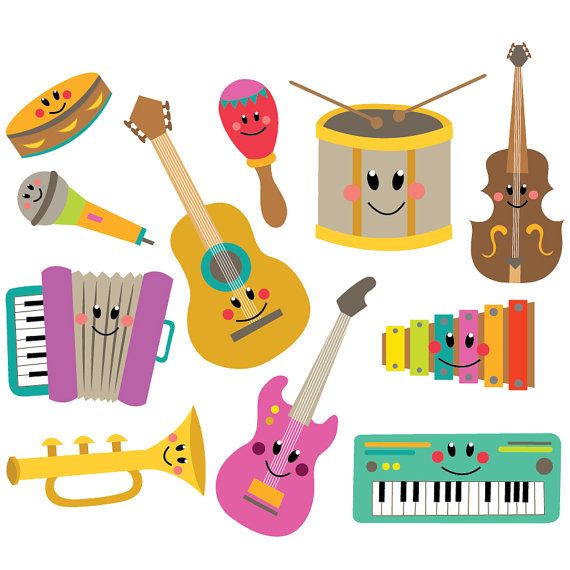 Clipart picture of various musical instruments with happy faces on them. 