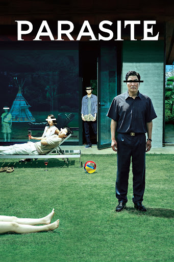 Image of the Parasite film's movie poster,  3 figures with black boxes over their eyes to the right, and legs laying on the grass to the left wherein the body is cropped off.
