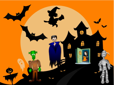 Cartoon picture of a large full moon, and a haunted house with bats flying out. The house has an open door on the house with a character walking out. Other Halloween characters on the front lawn. 