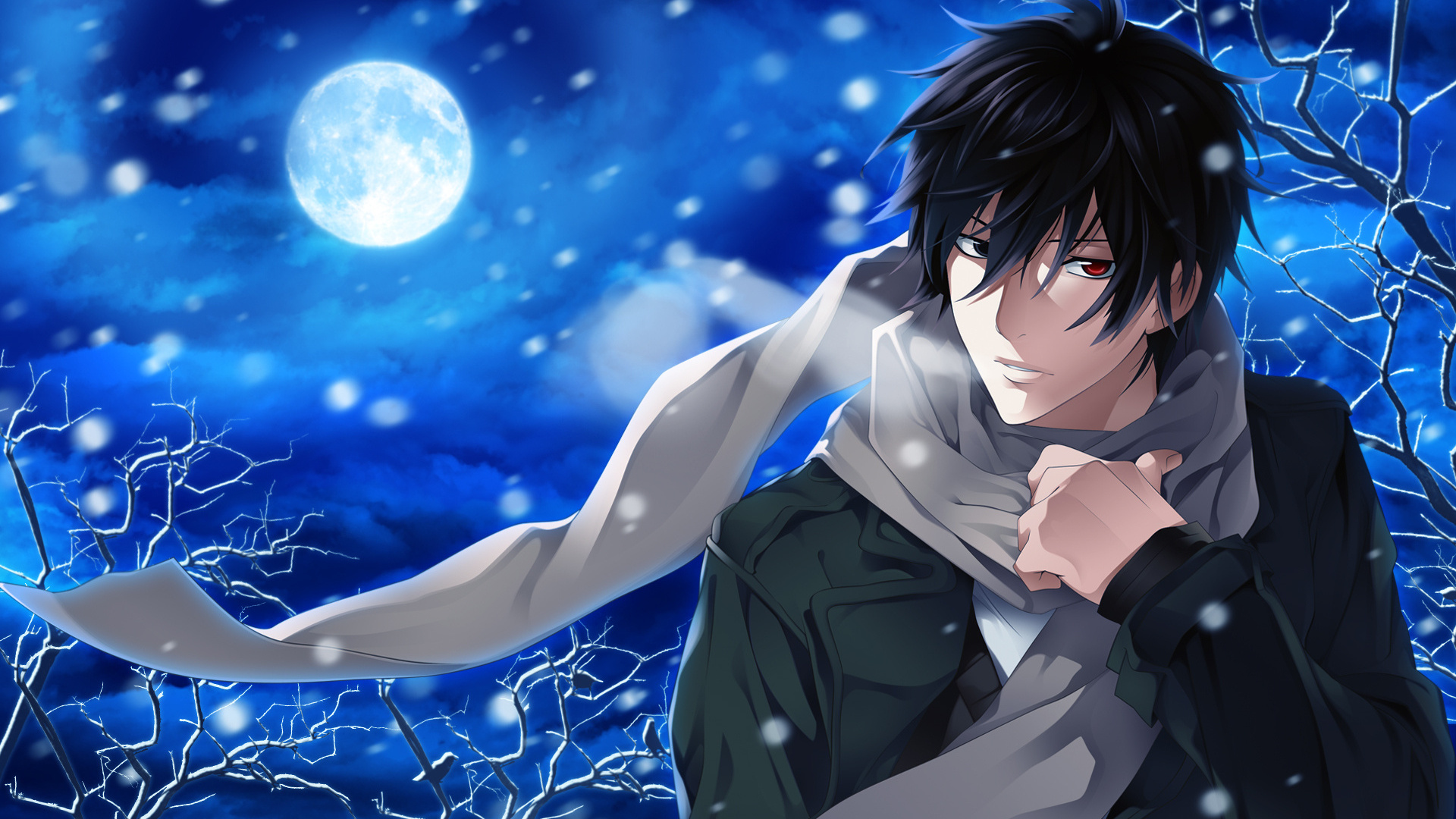 Anime image of a boy with a blue night sky with the moon in the background.