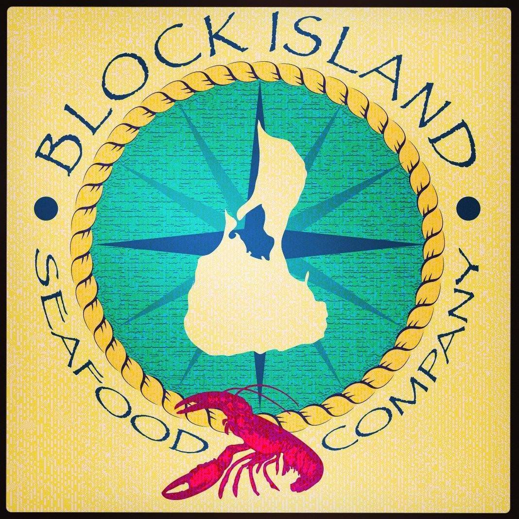 Block Island Seafood Co, Inc. logo. A map of Block Island, RI in the midst of a compass. The name of the company and a red lobster around the perimeter of the compass. 