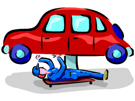 Cartoon image of a mechanic dressed in blue laying under a red car.