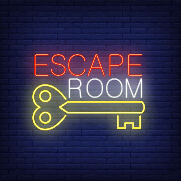 Neon sign that says "Escape Room" with a key. 