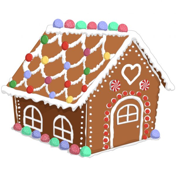 Clipart picture of a decorated gingerbread house. 