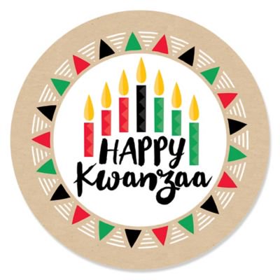 An image of a circle with a colorful diamond pattern and a kinara with the words "Happy Kwanzaa" spelled out in the center.