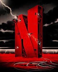 Image of the Netflix logo stationed over a red floor with black clouds rolling behind it. The logo looks like a mechanical structure with lights and cameras on it, and it is being hit by lightning on the left.