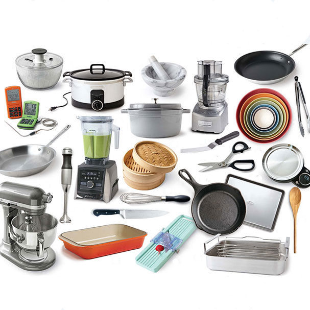 Images of a collage of many kitchen gadgets and small appliances like pans, mixers, salad spinner, crock pot, baking sheets, etc.