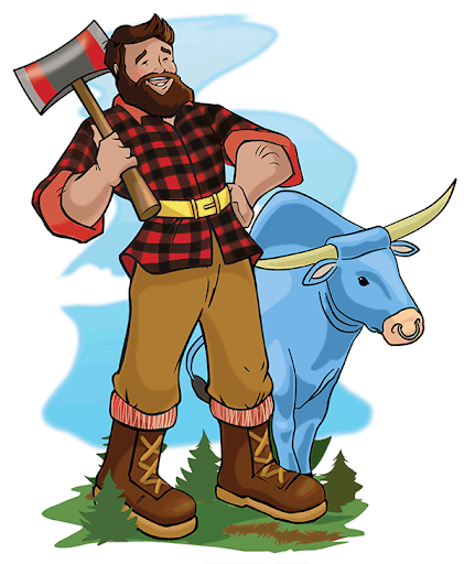 Cartoon image of a tall man with an axe over his shoulder and standing next to an ox..