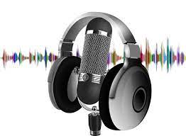 Clipart picture of a microphone and earphones typically used in a studio setting. 