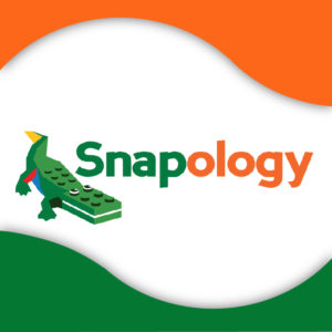 Snapology logo. Green Alligator made of legos with the word Snapology spelled out in green and orange. 