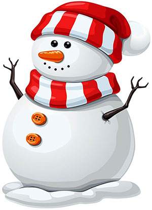 Clipart picture of a snowman with a red and white striped hat and scarf. 