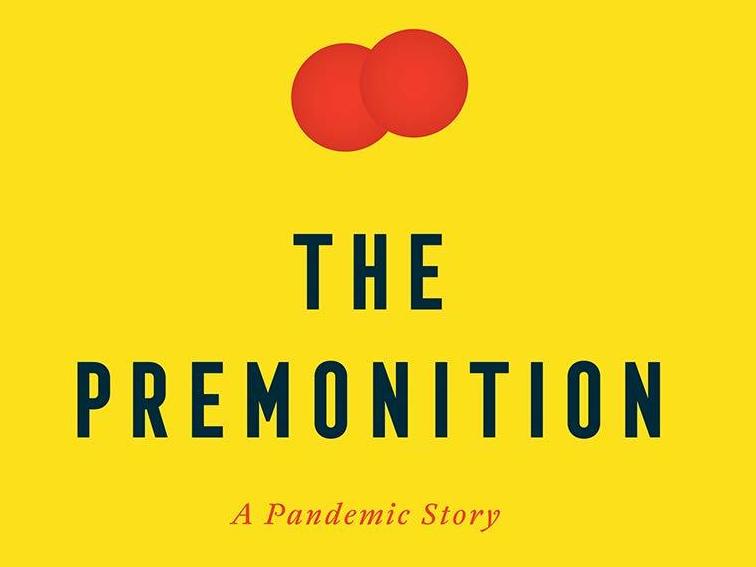 Cropped image of a book cover depicting a yellow background with the words "The Premonition" written in a dark blue. Beneath in italics it states "A Pandemic Story" in red. Above the title are two red overlapping dots.