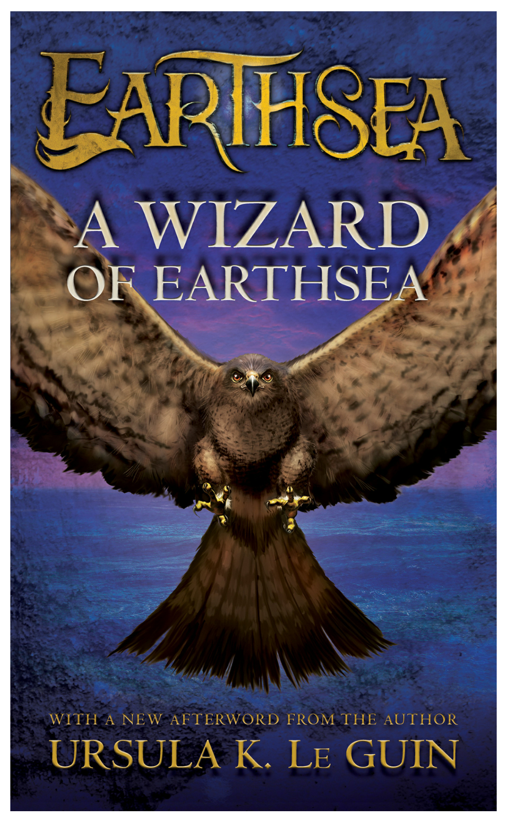 Image of the book cover "A Wizard of Earthsea" featuring an eagle with its wings open and talons ready to grasp flying over the sea. 