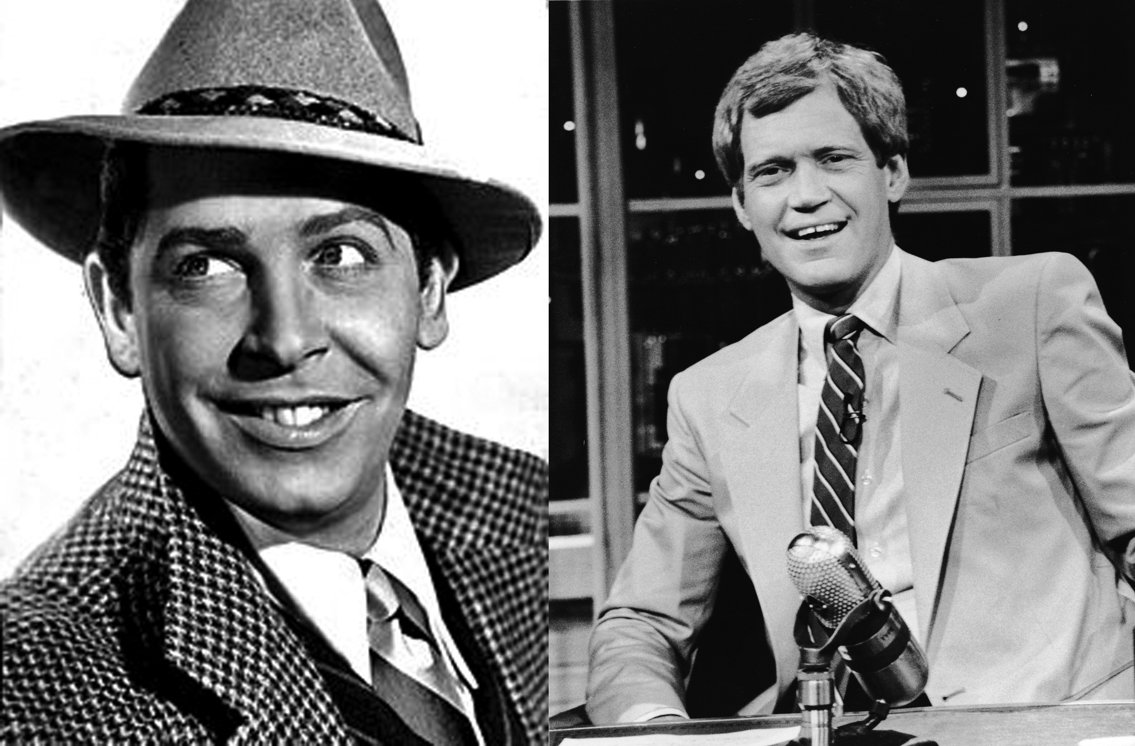Image of a black and white photo of Milton Berle and a black and white photo of David Letterman side by side. 