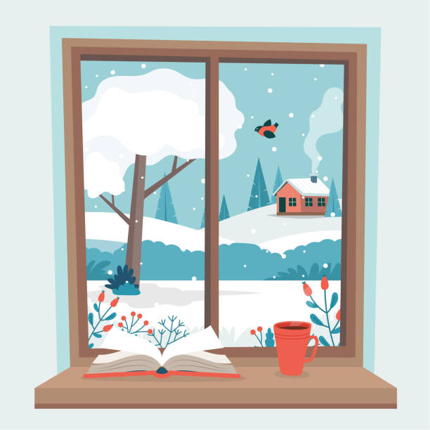Clip art image of a window with an open book and cup of coffee on the window sill. looking out of the window is a snow scene withe snow on the tree and the little cabin in the distance. A little bird is flying in the sky. 