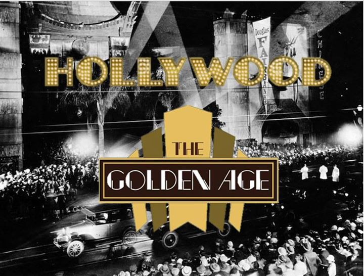 Black and White image of a red carpet event in Hollywood. Old fashioned car on the street and a crowd of people on the side. The words "Hollywood Golden Age" Written in Gold over the photo.  