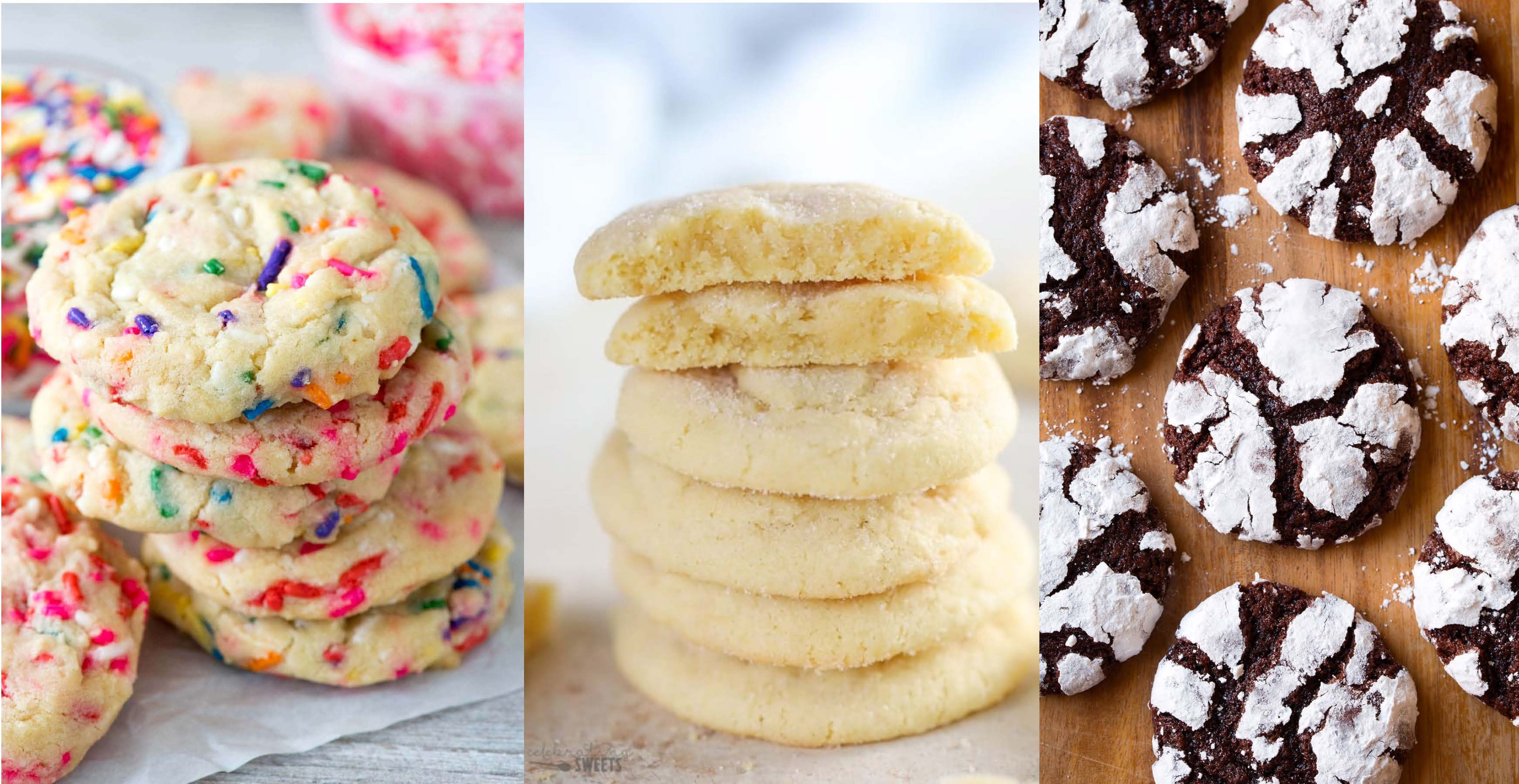 Image of 3 different types of cookies. One with colored sprinkles, one that is a vanilla cookie with sugar and one chocolate cookie that looks cracked with white powdered sugar. 