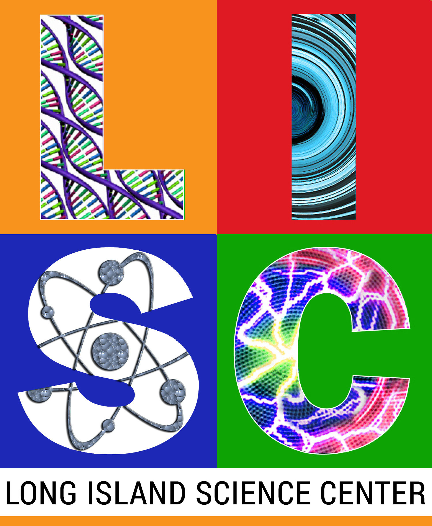 Long Island Science Center Logo featuring four different color blocks with the letters L,I,S,C each featured in a box. Each letter is filled in with a geometric pattern. 