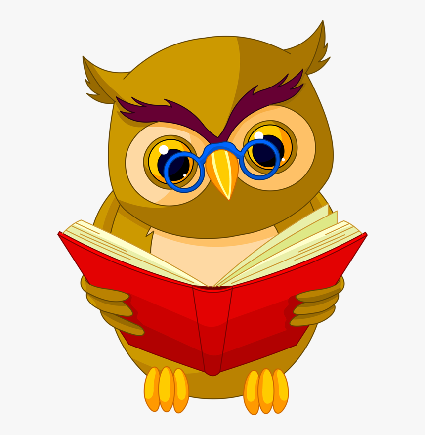 Clipart image of an brown owl with glasses reading a red book. 