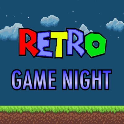 Retro Game Night spelled out in a background that looks like the Super Mario video game background. It has a dark blue sky with grey puffy clouds and at the bottom of the image there is brown with green along it to resemble brown dirt and grass. 