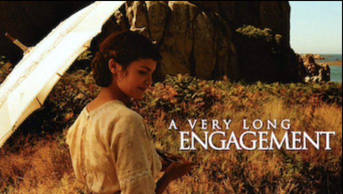 Image of a woman looking right with a white parasol, dressed in old-timey white clothing. She is in a field of tall yellow grass, and the movie title, "A VERY LONG ENGAGEMENT" appears in white text off to the side.