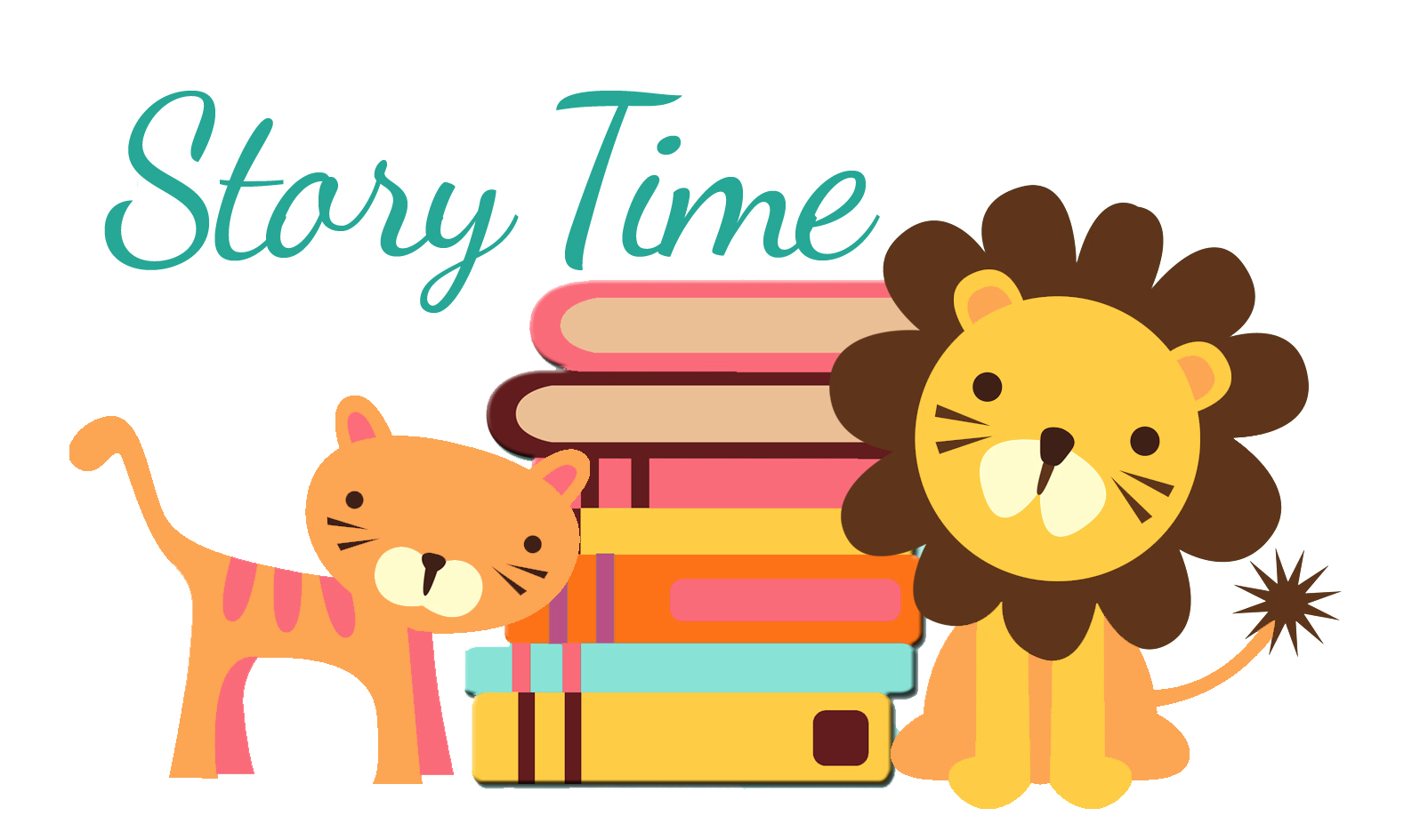 Cartoon image of a stack of books, a little cat and lion and the words "story time" written out.