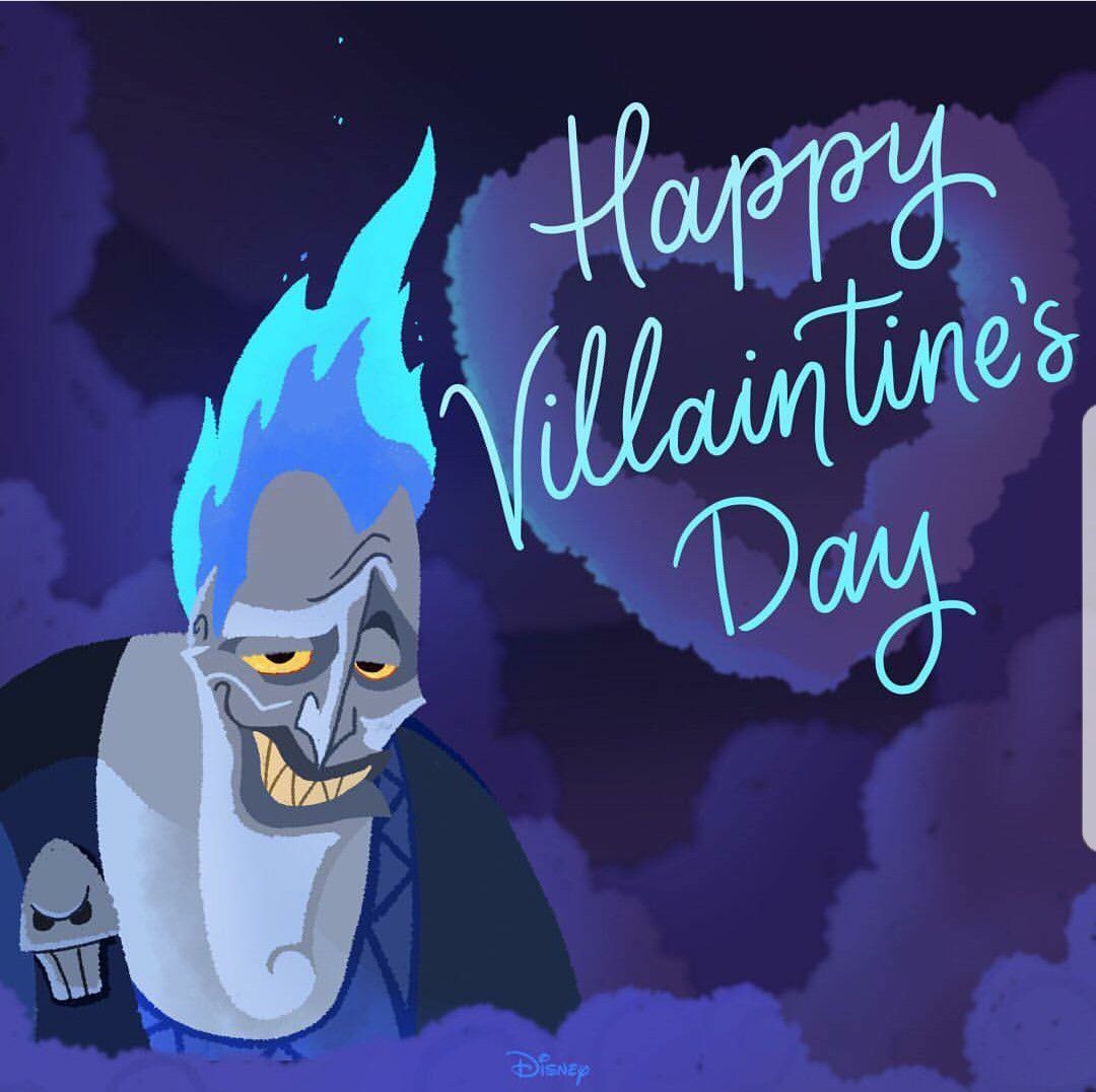 Cartoon image of a Disney villain (Hades) with a long face and blue hair. The background is deep purple and black. The words "Happy Villaintine's Day" written out in light blue cursive writing. 