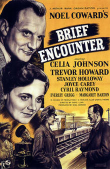 Old looking movie poster of the film Brief Encounter, featuring a yellow background with black and white figures (a man's and a woman's face) in front of the title. Also seen is a train station and the man and woman talking in front of it. There are two figures behind them as well in hats.