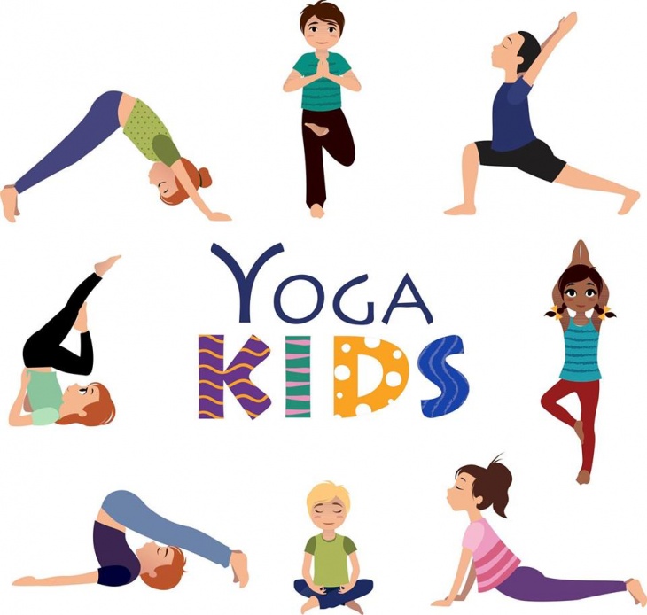 Clipart image of kids doing different yoga poses in a circle around the page with the words "Yoga Kids" written out in the center. 