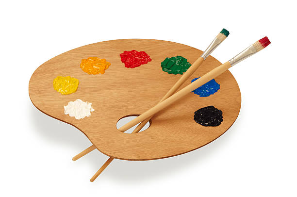 Image of a wooded artist palette with different color paints and 2 paint brushes.