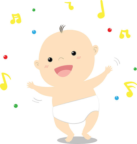 Clipart picture of a baby in a diaper smiling. Music notes are randomly placed around the image.