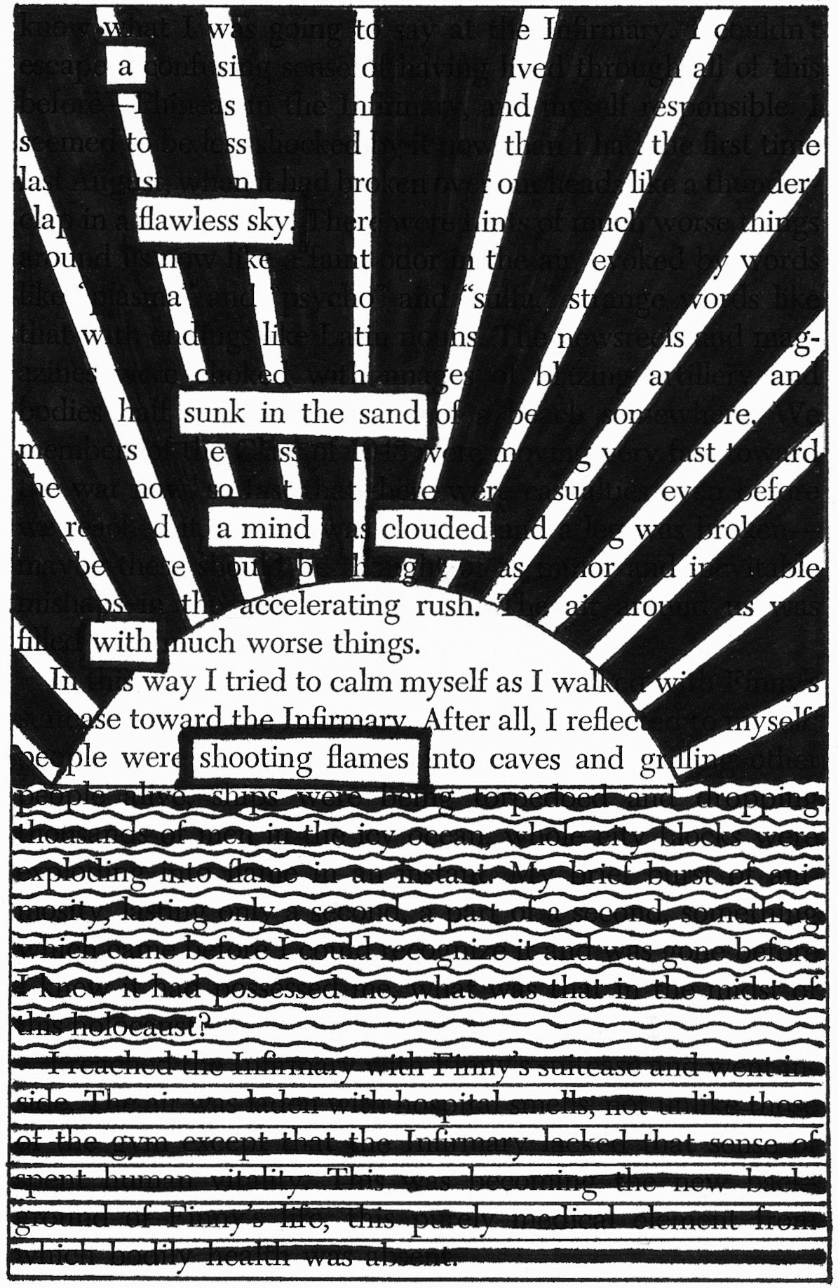 Image of a page of a book with most of the wording crossed out and certain words circled to create a poem.