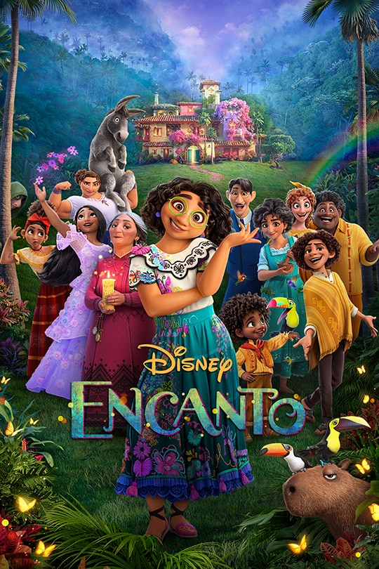 Image of Movie Poster for Disney's movie Encanto featuring an animated image of a Colombian extended family on the front lawn with their house covered with beautiful colored flowers.
