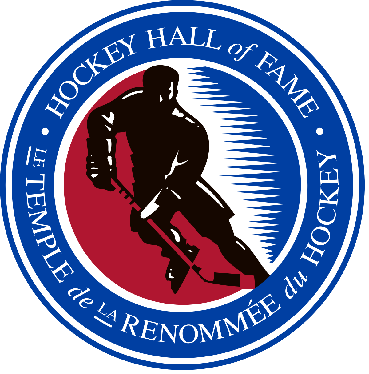 Hockey Hall of Fame Logo. Blue circle with an ice hockey player in the middle. The words  "Hockey Hall of Fame" in English and in French are written in the outer circle. 