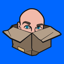 Cartoon image of a man's bald head and some of his face peaking out of a cardboard box. 