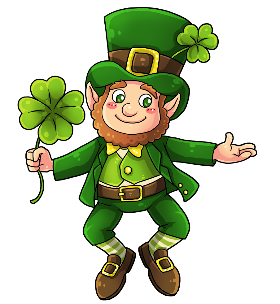 Clipart image of a leprechaun with a green top hat and green outfit holding a 4 leaf clover. 