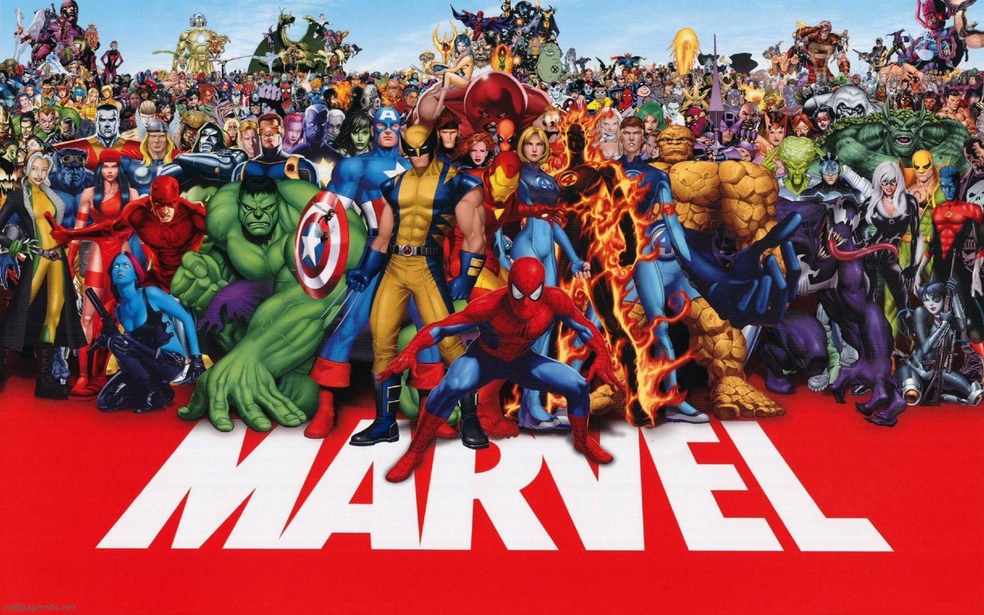 Cartoon Image of a large group of all different Marvel Comic characters dressed in their superhero attire. They are standing on a red floor with the word MARVEL spelled out in white in all capital letters. 