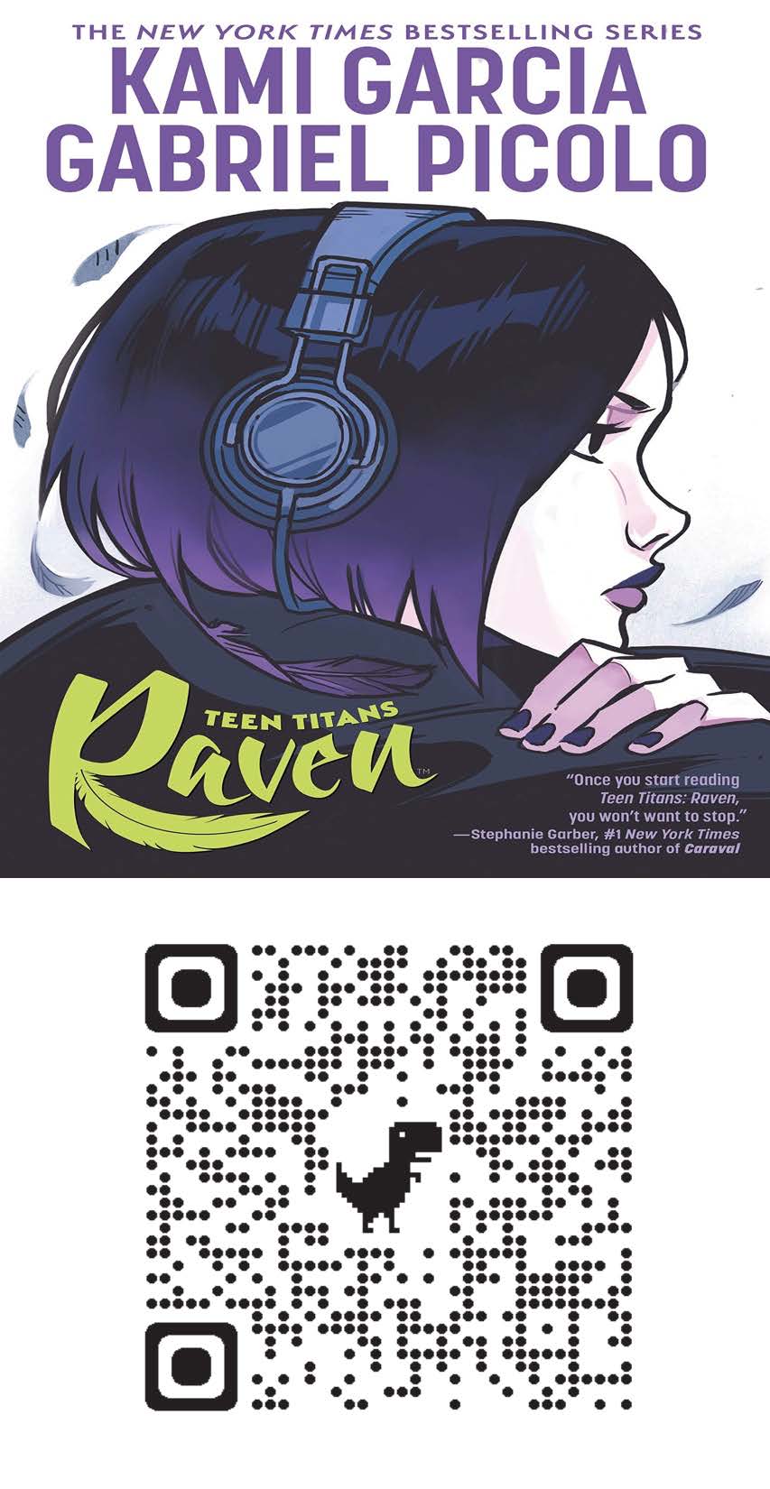 Image of graphic novel "Raven" of DC Comics featuring a girl with short bobbed hair that is purplish in color. She is sitting in profile and has earphones on. Under the book cover is a QR code for people to scan to download the book through Hoopla.