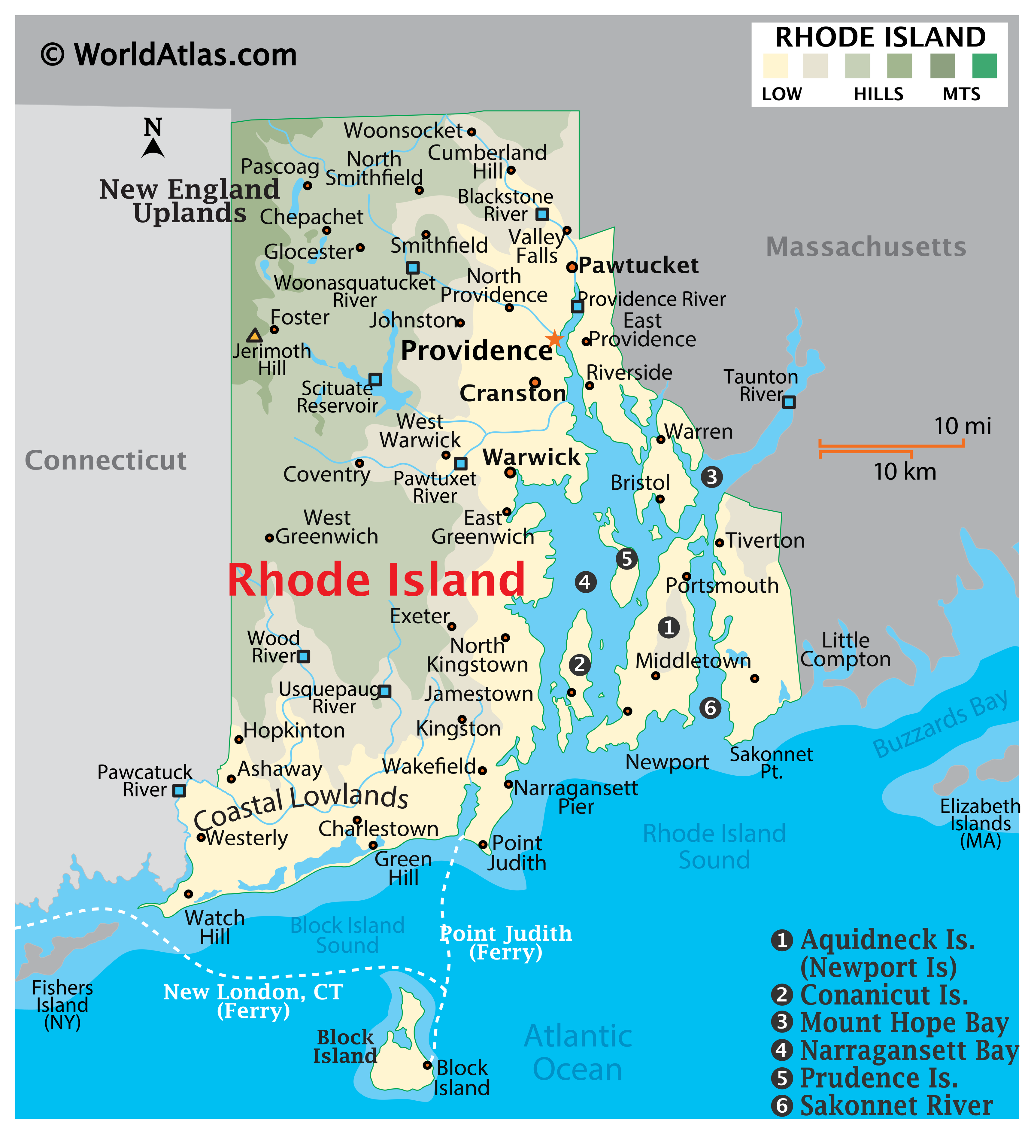 Image of a map of the state of Rhode Island. Different cities are labeled on the map.