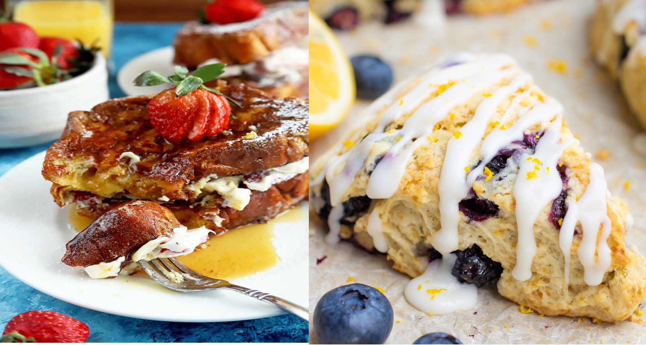 Collage of 2 plates of food. One featuring Stuffed French Toast and the other a Blueberry scone.