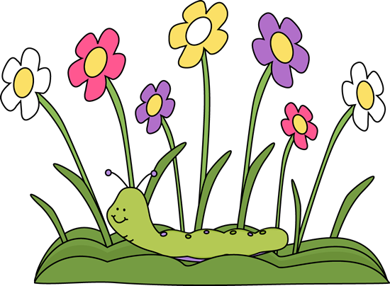 Clipart picture of simple colorful flowers growing out of the grass and a little green caterpillar at their base. 