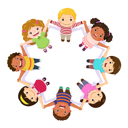 Clipart image of children of various cultures and ethnicities holding hands in a circle. 