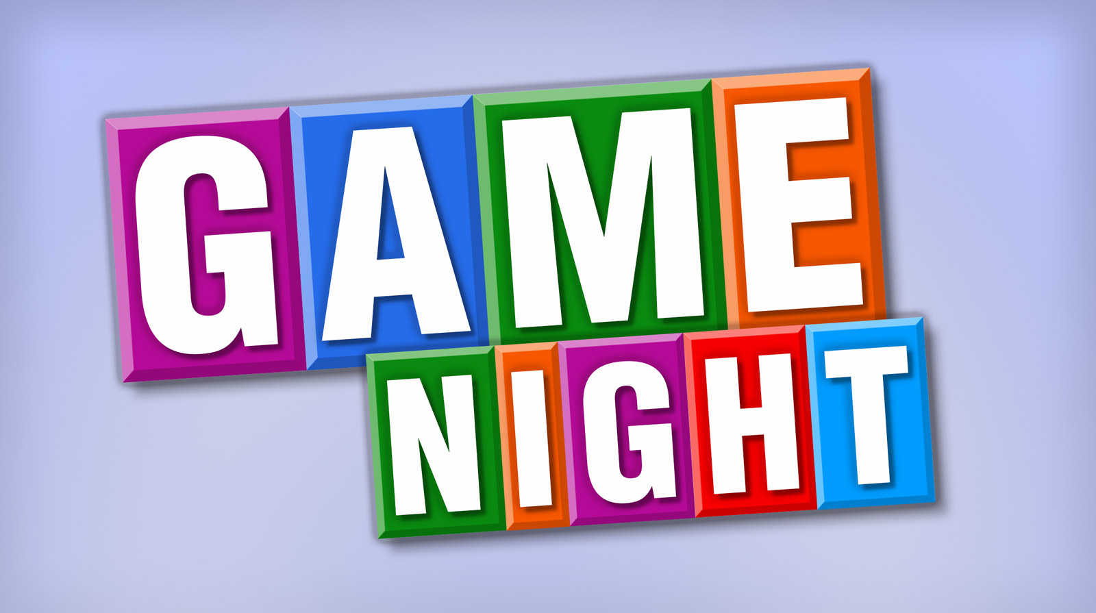 Image of the words "game night" spelled out in bold letters with colorful blocks around the letters.