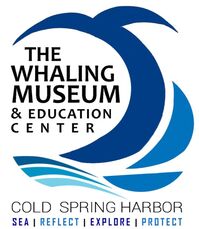 Cold Spring Harbor Whaling Museum logo featuring blue lines at the bottom to represent water and darker blue line on the side curved  with a fin to look like the whale is coming out of the water.