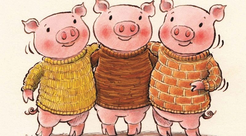 Clipart picture of 3 little pigs in sweaters.