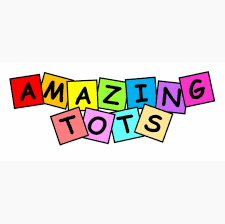 The words "Amazing Tots" spelled out. Each letter in a different colored block. 