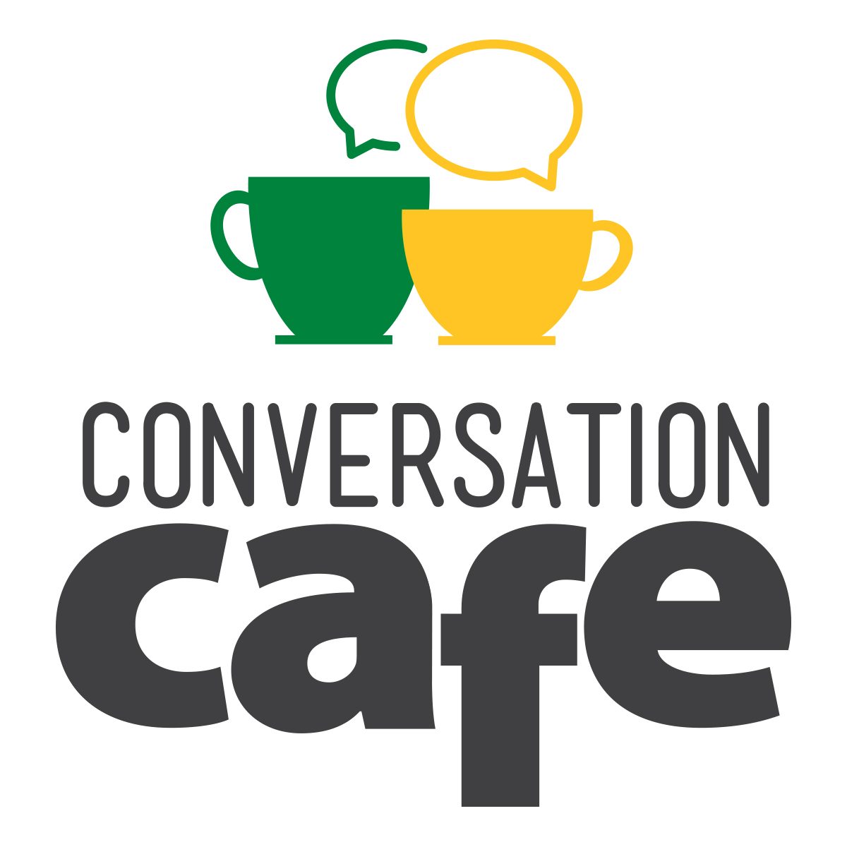 Clipart picture of 2 mugs with handles with a word bubble graphic above them and the words "Conversation Cafe" spelled out in large letters.
