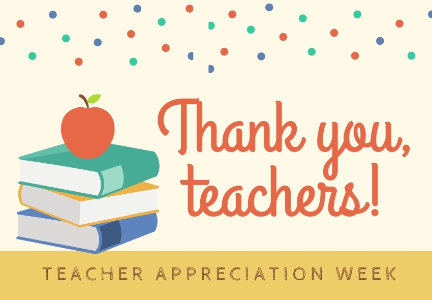 Clipart picture of a stack of books with a red apple sitting on top of the books. The words "Thank you, teachers" spelled out on the side. 