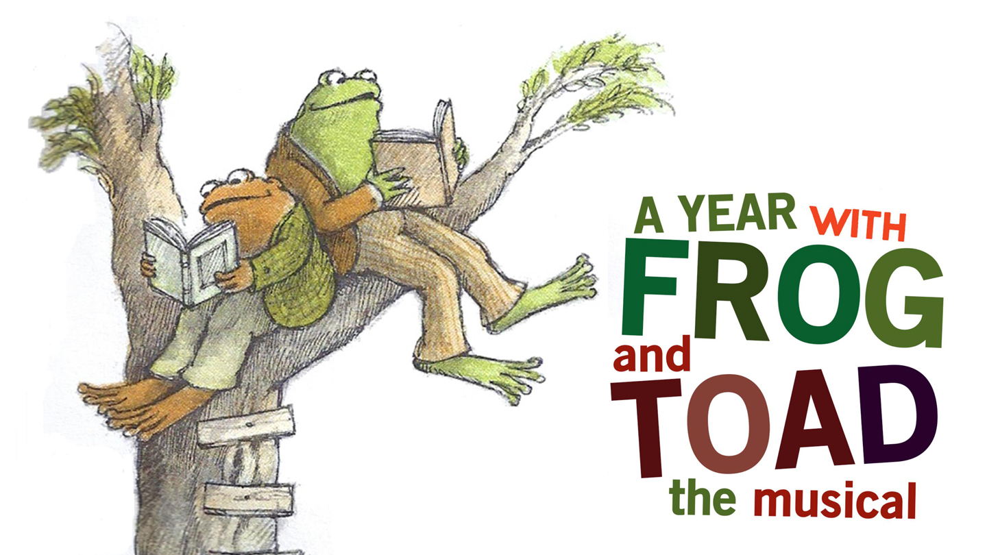 Image of a green frog and a brown toad dressed in pants and jackets sitting in a tree reading a book. 