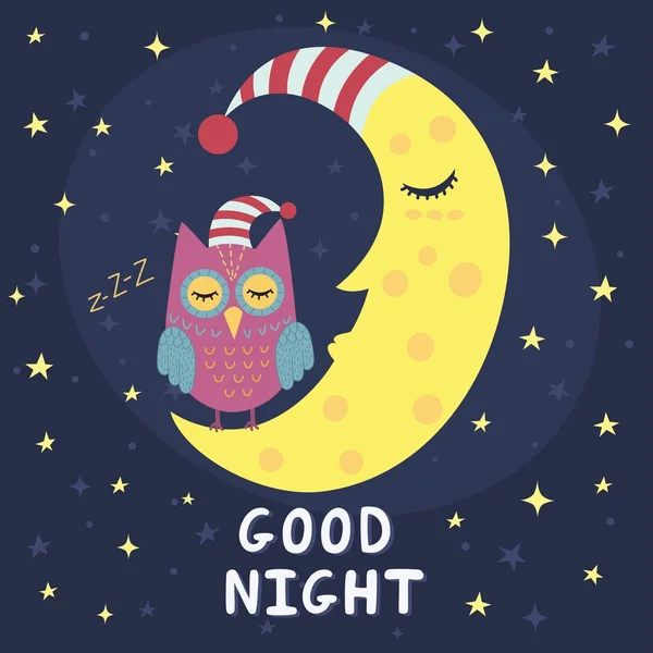 clipart picture of an owl wearing a nightcap with its eyes closed sitting in a crescent moon. The moon has a nightcap and its eyes closed as well. The background is a dark blue sky with gold stars. The words Good Night spelled out on the bottom.